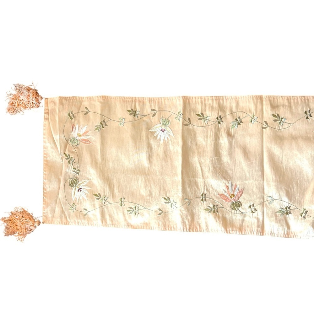 Peach Silk Blend Embroidered Floral Table Runner